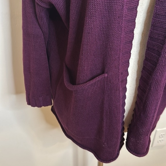 EILEEN FISHER OPEN CARDIGAN WITH PATCH POCKETS MERLOT COLOR LINEN/COTTON BLEND - Picture 2 of 7